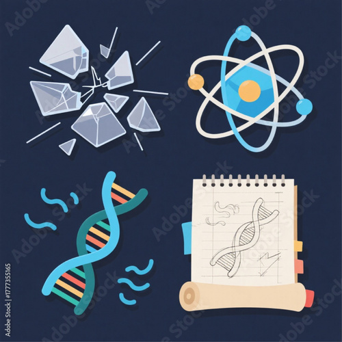 Innovation Mindset Icon Set Broken Glass (shattering norms), DNA Strand, Atom, Ripple Effect, SketchbookBlueprint Scroll