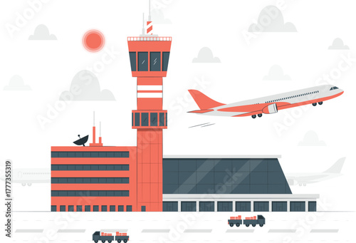 Airport With Airplanes Taking Off And Cargo Trucks Keywords: airport, airplane, aircraft, take
