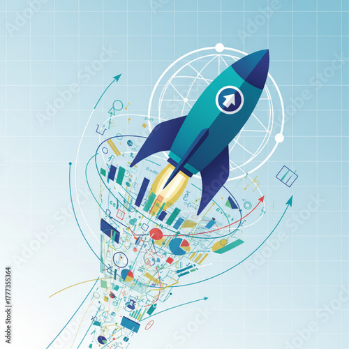 An abstract vector of a rocket ship taking off, but the exhaust plume is made of charts, graphs, and mathematical formulas. Symbolizes a startup's rapid growth