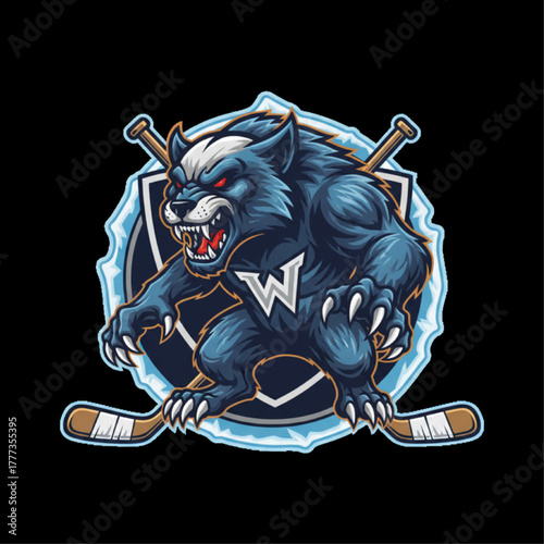 An aggressive wolverine logo for a hockey team, detailed illustration style, snarling pose, clean lines, vector art, on a transparent background