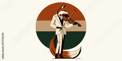 Charming anthropomorphic fox in a tailored suit elegantly plays a violin, set against a stylish circular background, embodying a sophisticated blend of nature and classical music illustration