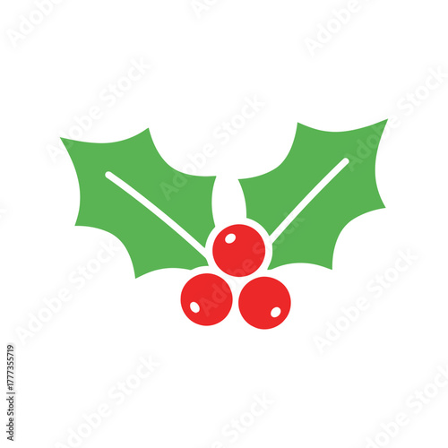 Stylized festive holly berries and leaves icon for christmas and winter holiday designs isolated on white background