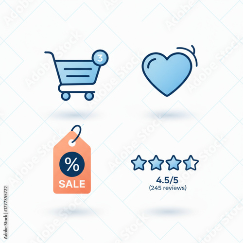 Cohesive set of vector icons for online store shopping cart, favorite heart, percentage discount tag, and customer review stars