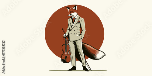 An anthropomorphic fox dressed in a sharp suit, holding a violin case, standing against a circular background