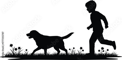 Silhouette of child running with dog in park, outdoor nature scene, friendship concept, playful moment, pet and kid vector illustration art