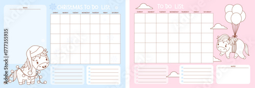 Christmas to do list. Outline New Year Cute Horse Set. Organizer for grid Month, To-Do and Note, memo. Vector Kids horizontal Template with cartoon pony. Symbol 2026 to Eastern calendar, Not AI