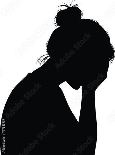 Silhouette of sad woman covering face with hands, stressed female feeling anxiety or depression, emotional pain and mental health concept illustration
