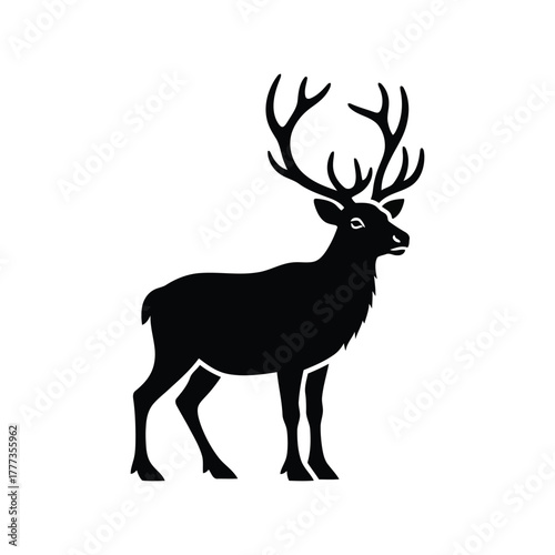 Majestic stag silhouette antlers standing wildlife nature forest animal symbol icon isolated on white background