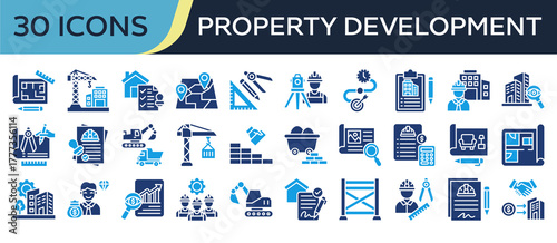 Collection of Property Development icons, related to Blueprint Plan, Construction, Building Permit, Architect, Contractor and more. Solid icons vector illustation.