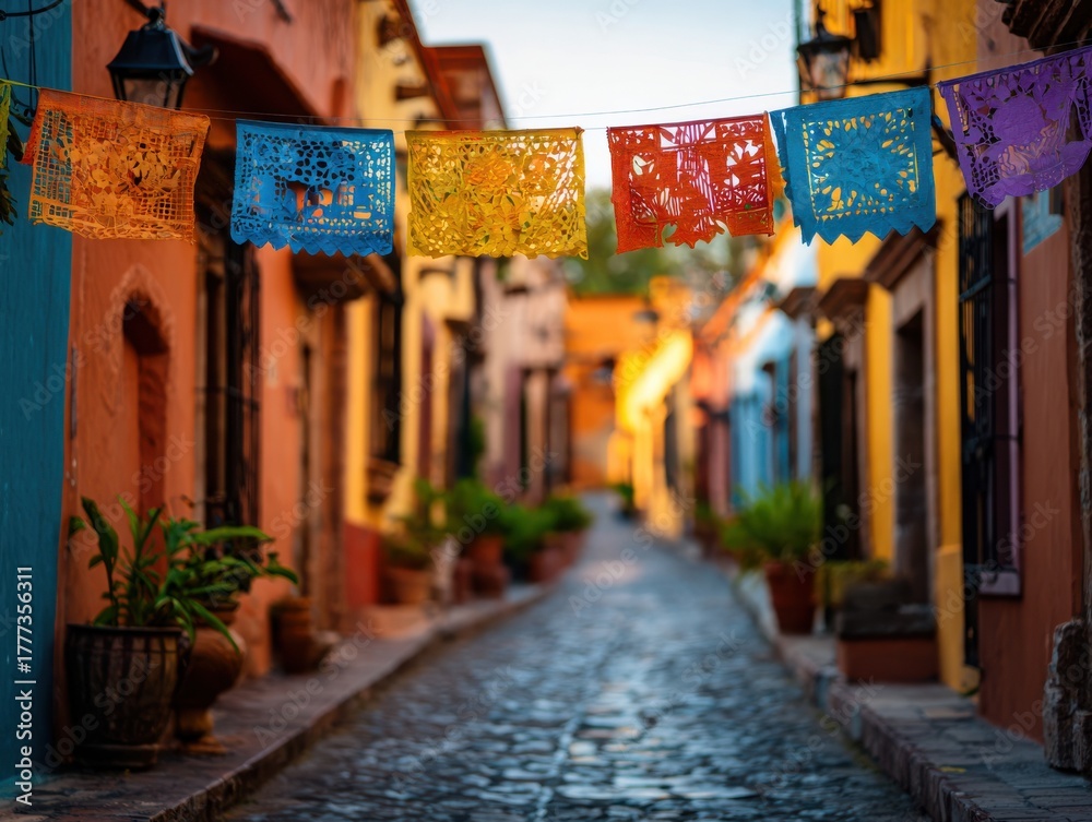 Fototapeta premium narrow cobblestone street with colorful buildings and papel picado banners in warm hues of orange yellow and blue with potted plants and copyspace concept of travel culture and celebration