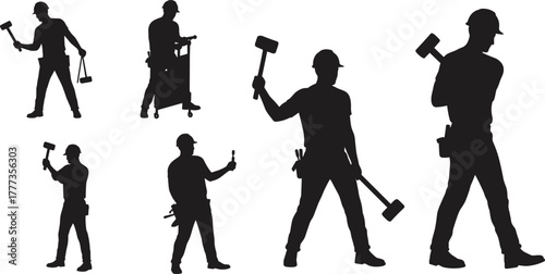 Construction worker silhouettes with tools, laborers holding hammers, industrial workforce, black vector illustration, builder safety helmet, manual labor, engineering concept
