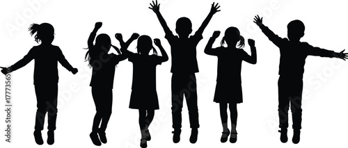 Silhouette of happy children jumping together in excitement, joyful kids celebrating and playing, fun vector art for childhood lifestyle and happiness concept
