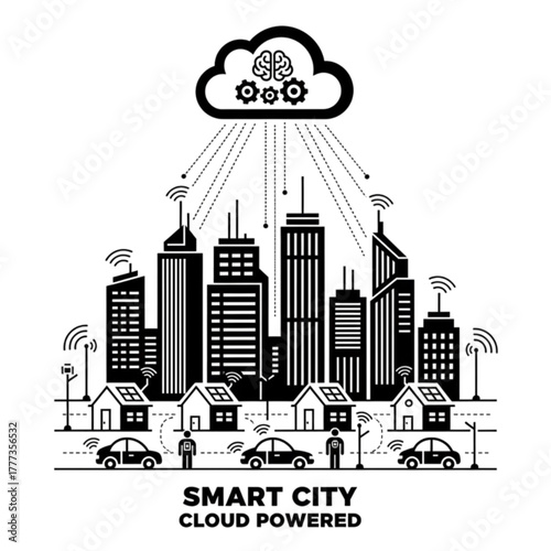 Smart City and Cloud-Powered Urban Infrastructure Glyph Vector Illustration