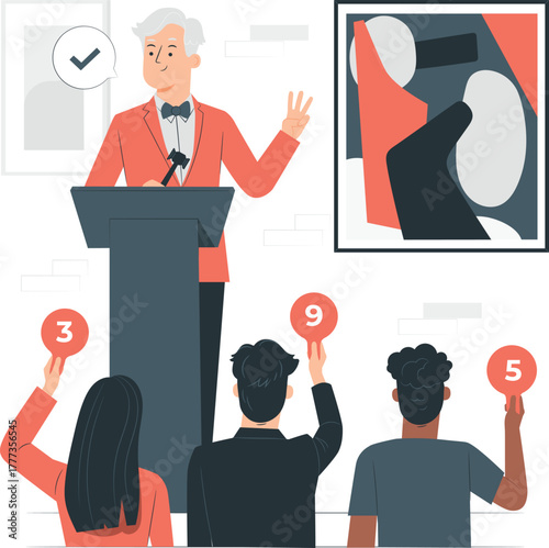 Auctioneer with Bidders Holding Scorecards and Abstract Art bidding sale