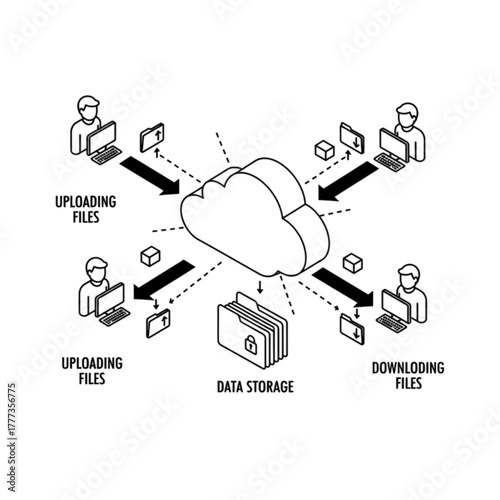 Isometric Cloud Computing, Data Storage, and File Transfer Diagram, Vector image