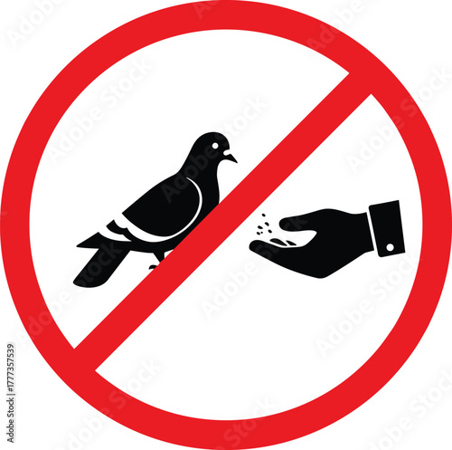 No feeding birds prohibition sign, stop feeding pigeons symbol, red circle warning vector illustration for public park cleanliness and urban hygiene awareness