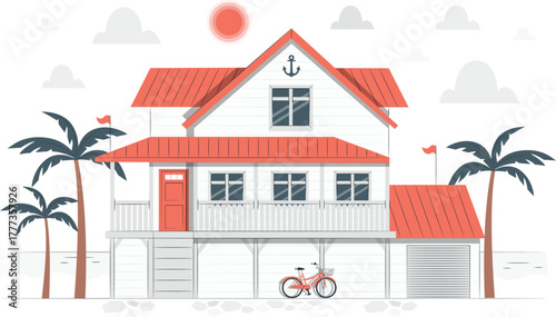Beach house with palm trees and a bicycle vector illustration