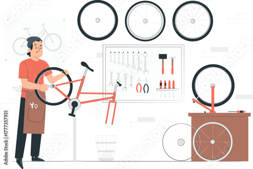 Bicycle mechanic repairing a bike in a workshop bike repair tools