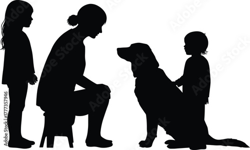 Silhouette of mother and children interacting with family dog, parenting and pet bonding concept, child love pet care vector illustration
