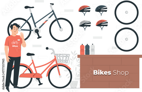 Bike shop owner with bicycles and helmets for sale bikes