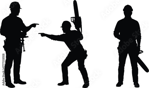Silhouette of construction workers holding tools and chainsaws, teamwork concept, safety work illustration, industrial labor people, CAD drawing flat vector illustration