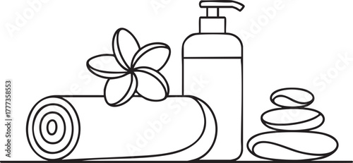 Continuous single line drawing of spa and wellness still life with massage stones, lotion bottle, rolled towel and frangipani flower, symbolizing relaxation and beauty care