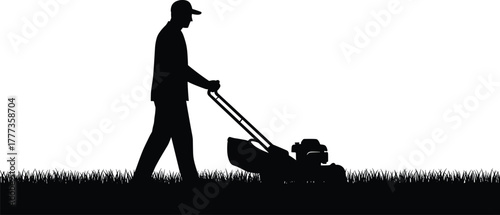 Man mowing lawn with grass cutter, gardener working outdoor in yard maintenance, landscaping service silhouette, lawn care worker vector design for home garden concept