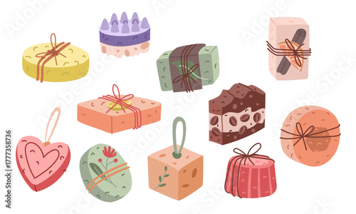 set of colorful handmade soap bars in various shapes, packages. variety of scents. flat vector illustration. Perfect cosmetics, spa, wellness, packaging design, or presenting an eco-friendly product.