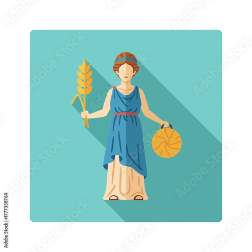 Woman in blue dress holds cornucopia and orb, casting a long shadow.