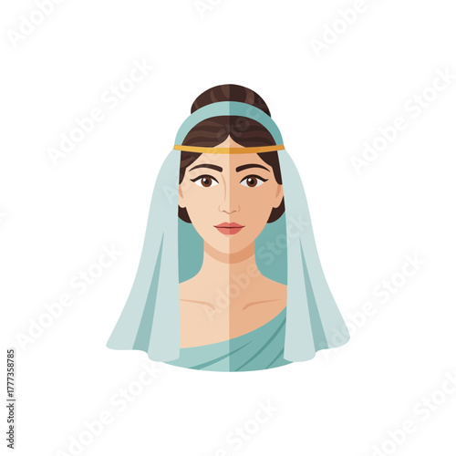 Woman with veil and tiara, styled hair, formal attire.