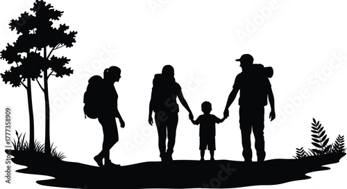 Family hiking adventure in nature, parents and children walking together outdoors, camping travel lifestyle silhouette, outdoor exploration vector illustration design