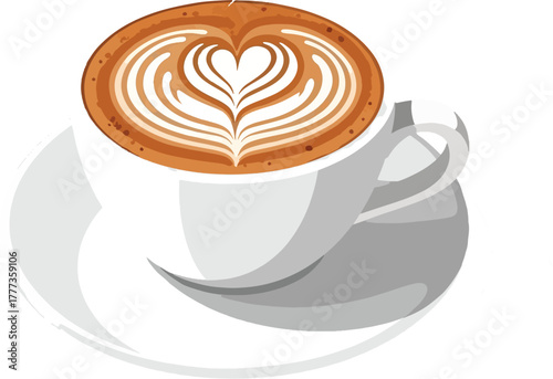 A beautifully crafted illustration of a steaming hot coffee in a pristine white ceramic cup, featuring exquisite heart-shaped latte art, symbolizing comfort and quality coffee beverages