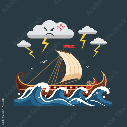 Sailing ship on stormy seas with angry cloud and lightning bolts illustration.