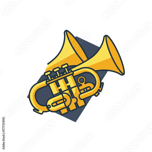 Two golden cornets overlap on a dark blue diamond shape musical instrument.