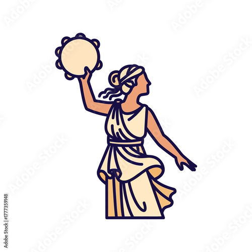 Woman in dress holding tambourine above head with arm extended outward.