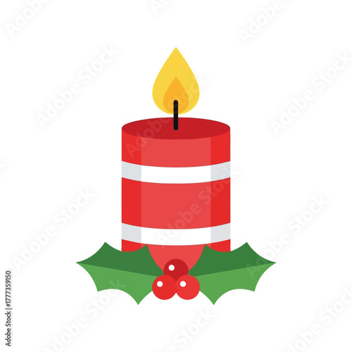 Festive red christmas candle with holly berries and green leaves burning brightly isolated on white background