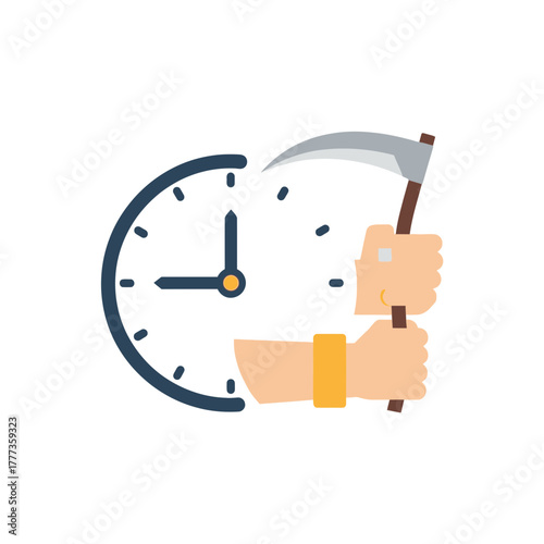 Clock face with hands and a scythe cutting through a figure.