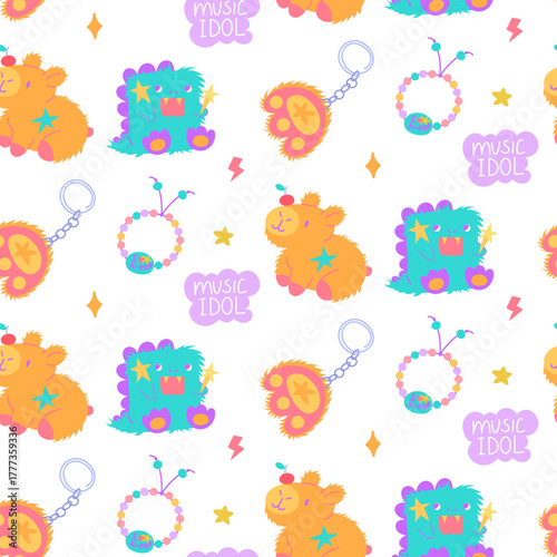 Seamless pattern with K-pop elements. Keychain, soft toy, bracelet, stars, zipper, paw. Korean music industry. Colorful flat texture for souvenirs, backgrounds, textiles packaging, and design.