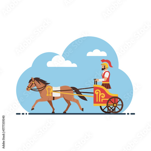Man rides a horse-drawn chariot with clouds in the sky.