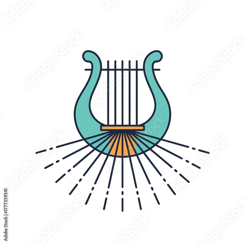 Teal lyre with radiating lines emanating from its base musical instrument.