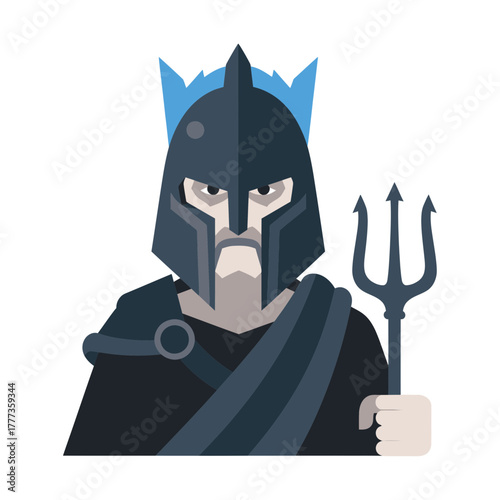 Illustration of a man wearing a helmet and holding a trident.
