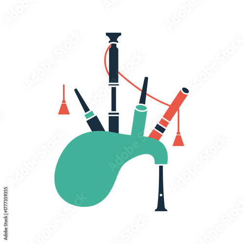 Illustration of bagpipes with pipes chanter and drone in teal black and red.