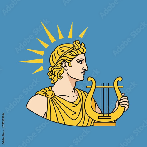 Illustration of a classical figure with a lyre and radiating light.