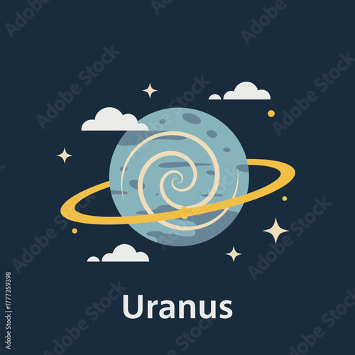 Uranus planet illustration with rings clouds and stars in a flat design.