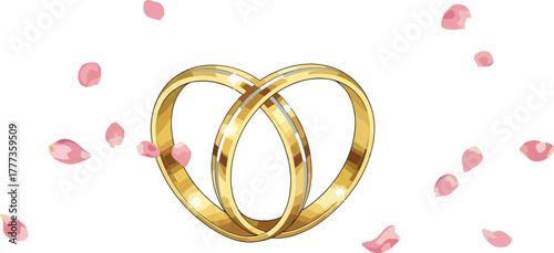 Romantic illustration of golden wedding rings intertwined into a heart, with soft pink petals falling, representing enduring love, commitment, and the joy of matrimony