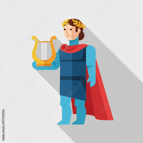 Cartoon man holds a lyre wearing a cape and a wreath.