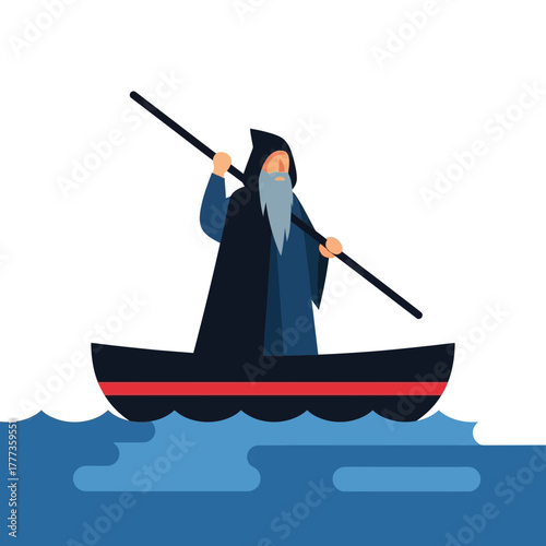 Wizard with long beard rows a small boat on water using a long stick.