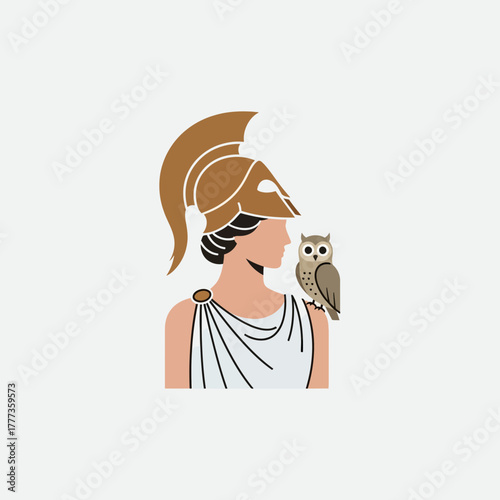 Woman in helmet with owl on shoulder illustration classical style.