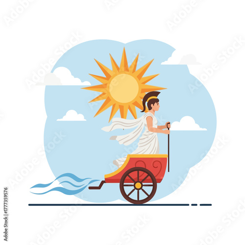 Person rides a chariot with sun above and water coming from the back.