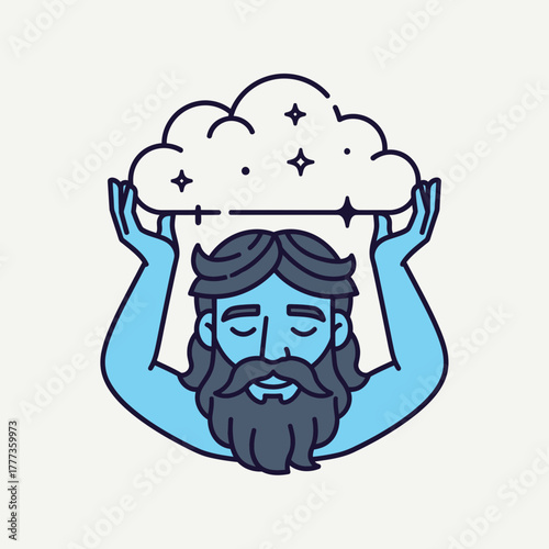 Man with beard holds cloud above his head eyes closed illustration.